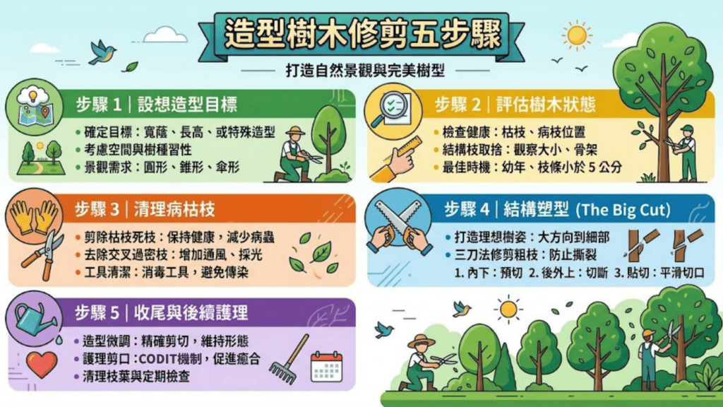 樹木造型修剪 5 步驟:設定造型、評估狀態、清理病枯枝、正式塑形、後續護理