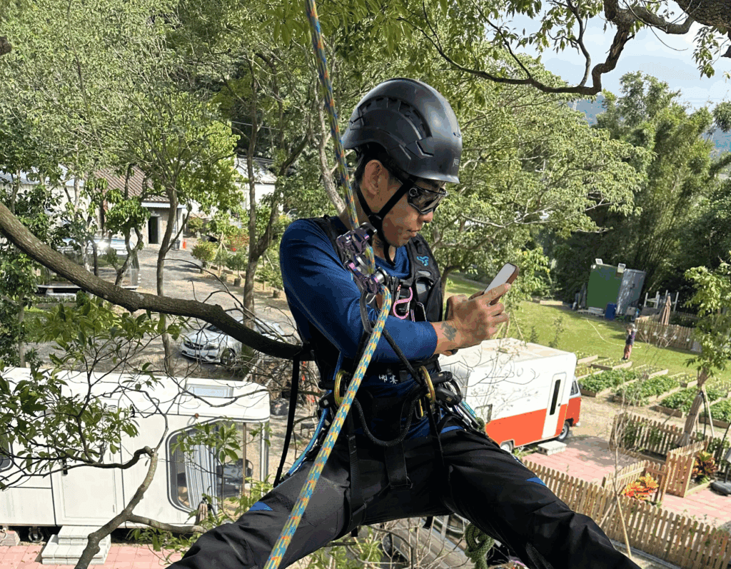 攀樹師正在紀錄樹木狀況,以便跟客戶說明會怎麼進行處理。