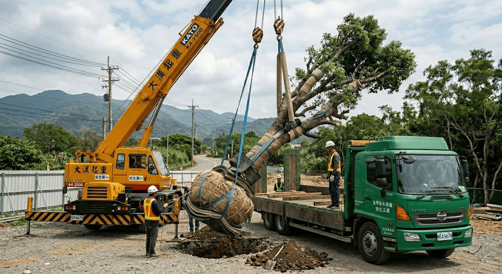 將麻布包裹在樹幹表面及吊帶接觸點,能防止棧板摩擦導致樹皮受損。