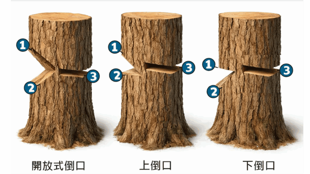 砍樹與伐木常見的 3 大倒口：開放式倒口、上倒口、下倒口。