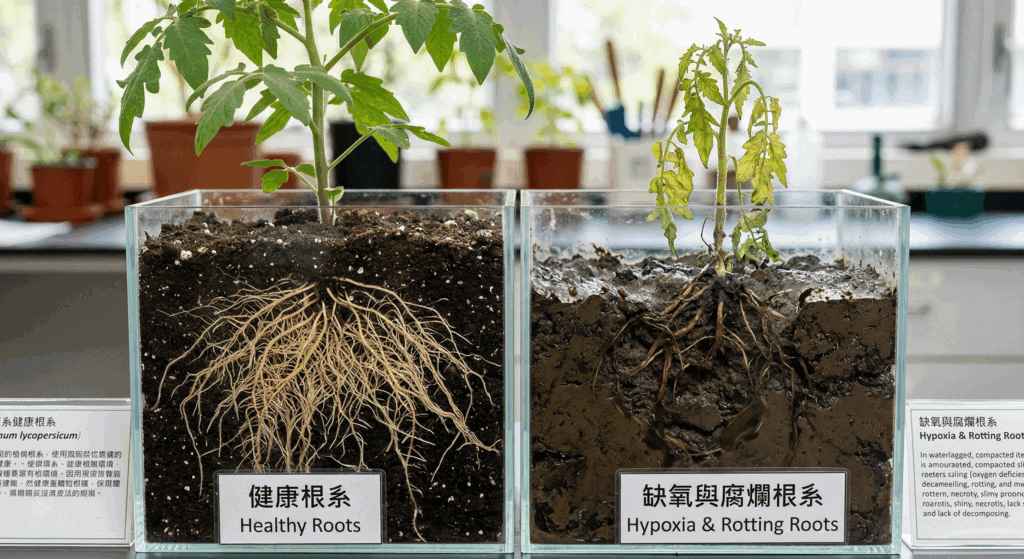 土壤長期泡水,就容易導致植物根部缺氧及爛根!