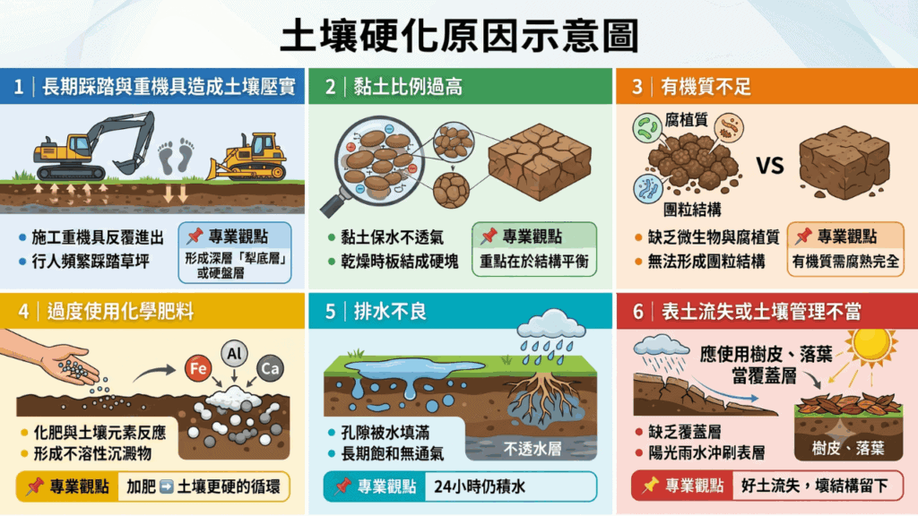 土壤硬化、板結的 6 大原因示意圖！