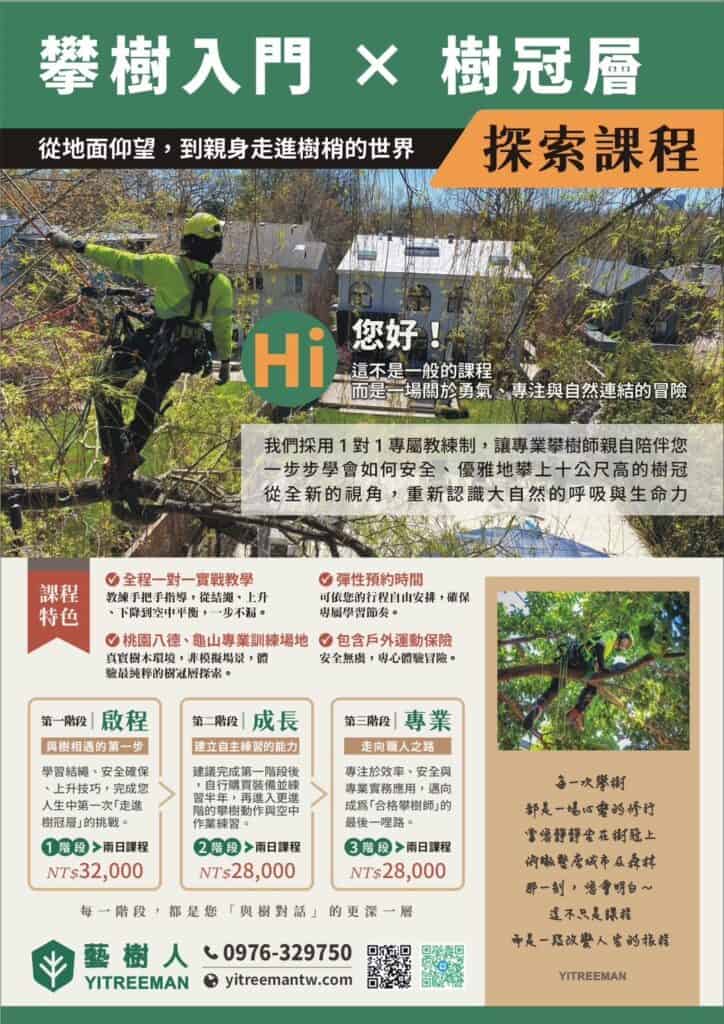 藝樹人全程一對一個實戰攀樹教學,讓你每兩天學會一階段,與樹有更深一層的對話!