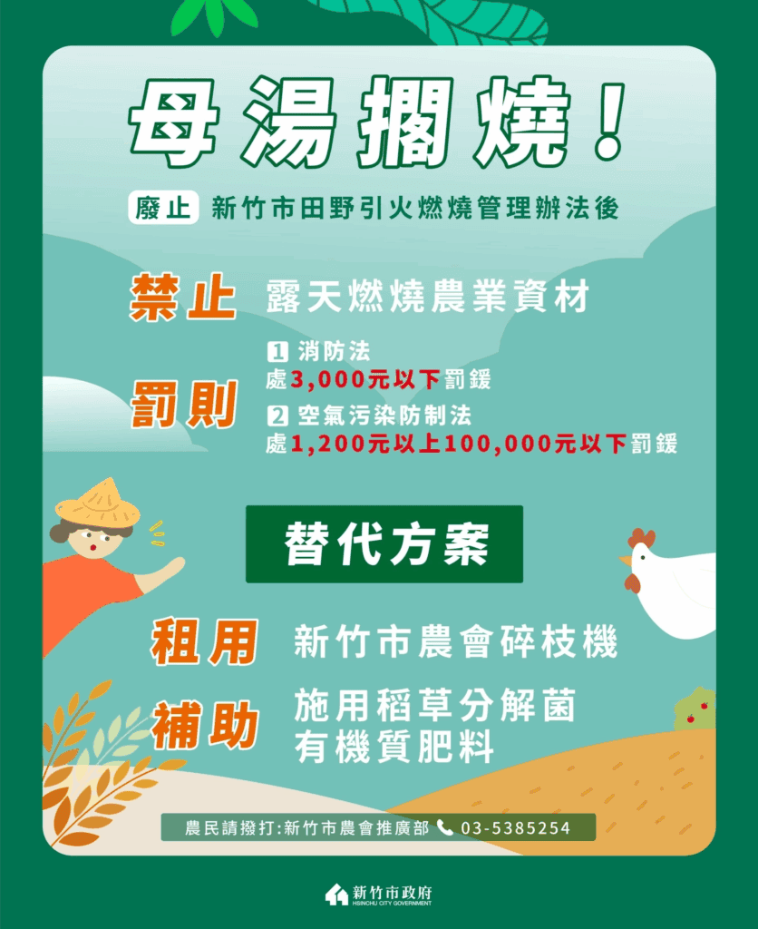 《新竹市田野引火燃燒管理辦法》廢止後,露天燃燒將直接以更重的空汙法開罰!/圖來自新竹市政府