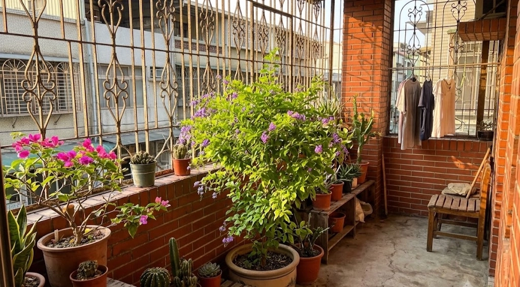 春至秋季盛開的淺紫花朵及濃密枝條,能有效遮蔽從陽台通住室內客廳的視線。