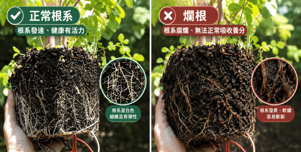 健康的根常呈現白色或淡黃色且細根分明;而悶根、爛根就會呈現根色變濁,甚至腐爛的狀態。