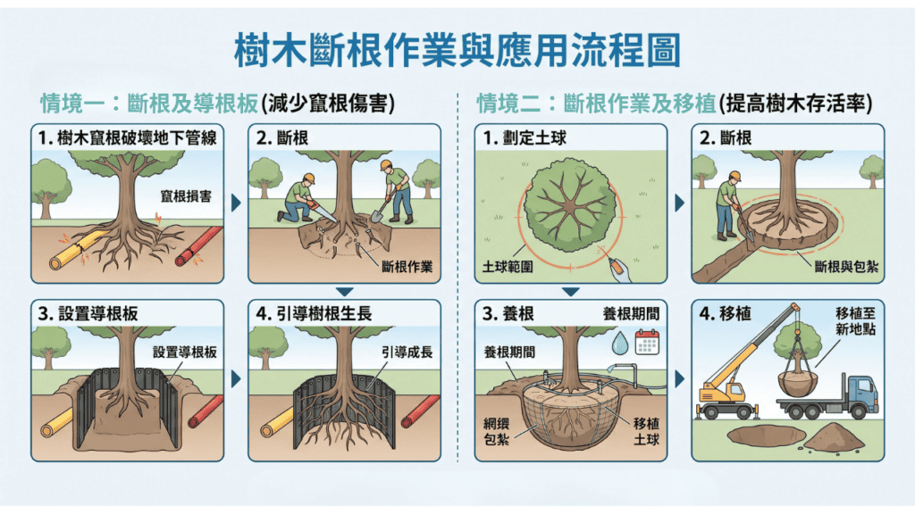 斷根處理常見的兩大情境與目的:竄根導引、樹木移植。